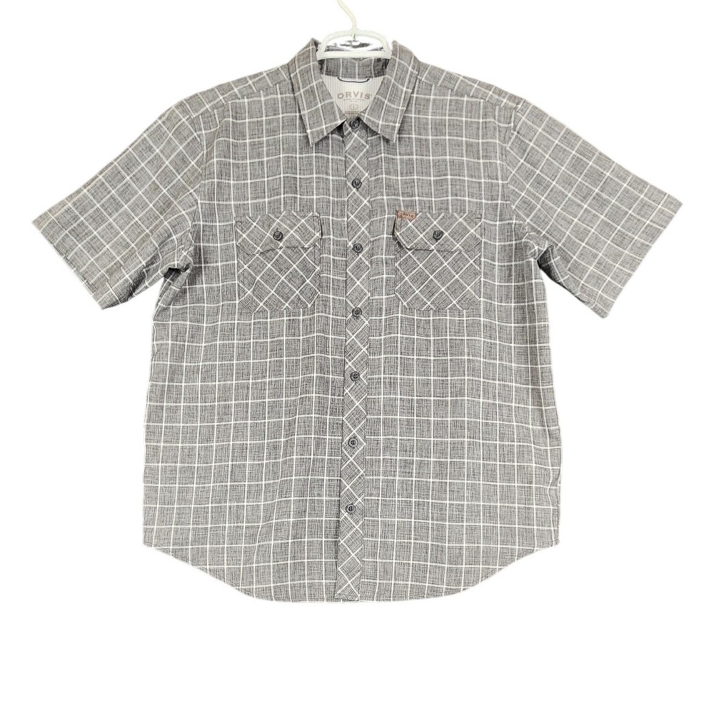 Orvis Mens Plaid Short Sleeve Button Up Fishing Shirt Gray‎ Size L
